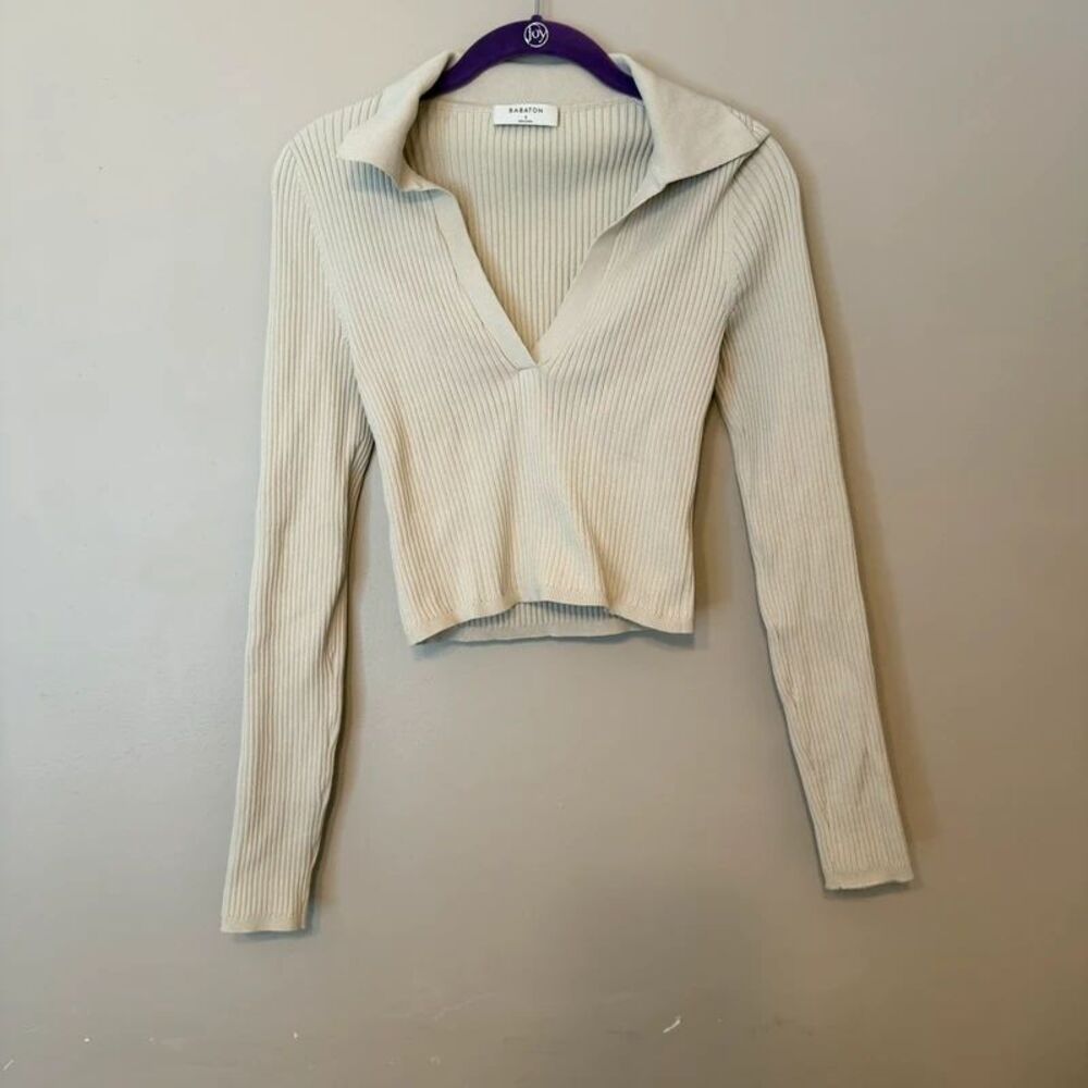 Aritzia Babaton Small Cream Ribbed V-Neck Polo Knit Long Sleeve Top